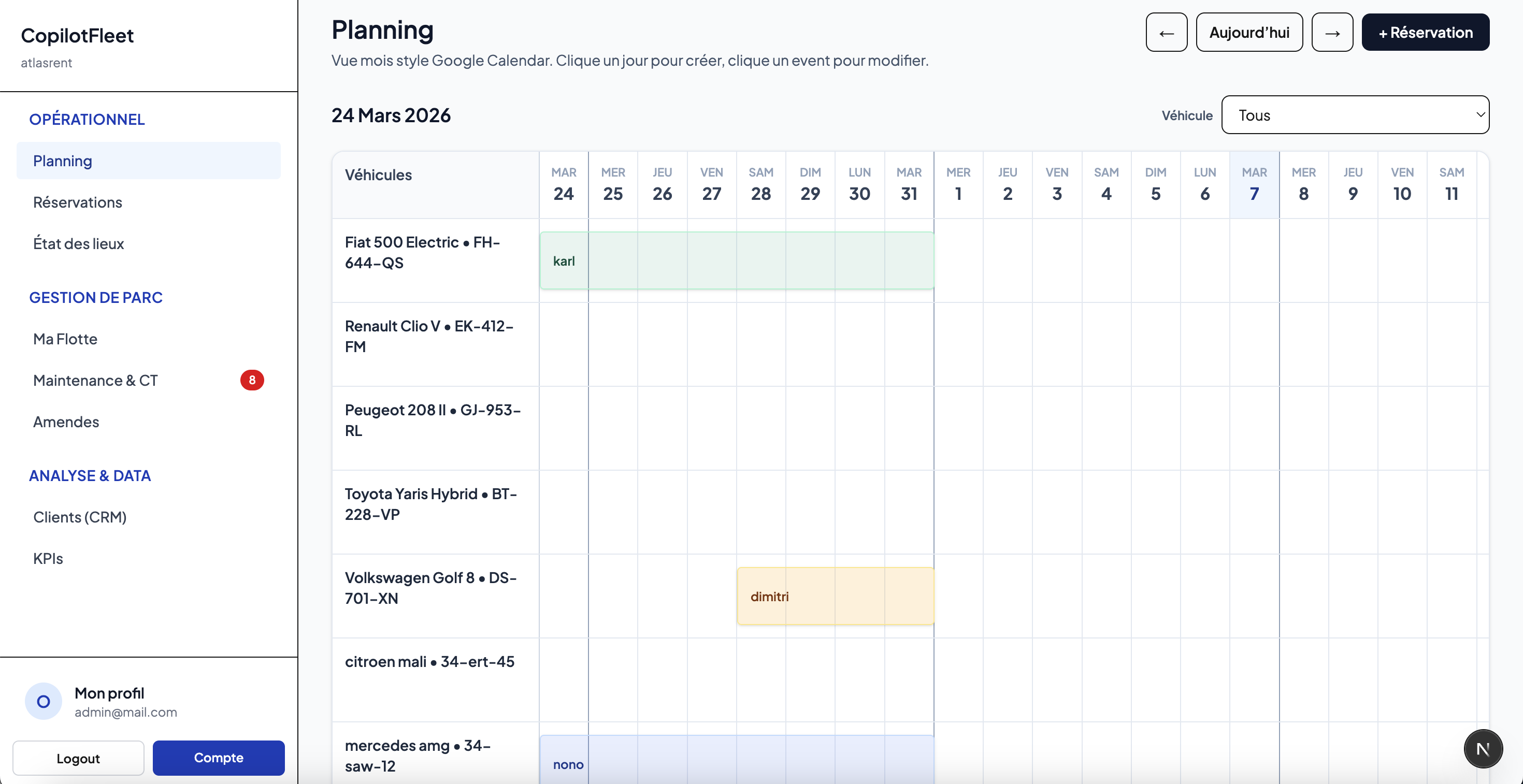Planning de réservation CopilotFleet